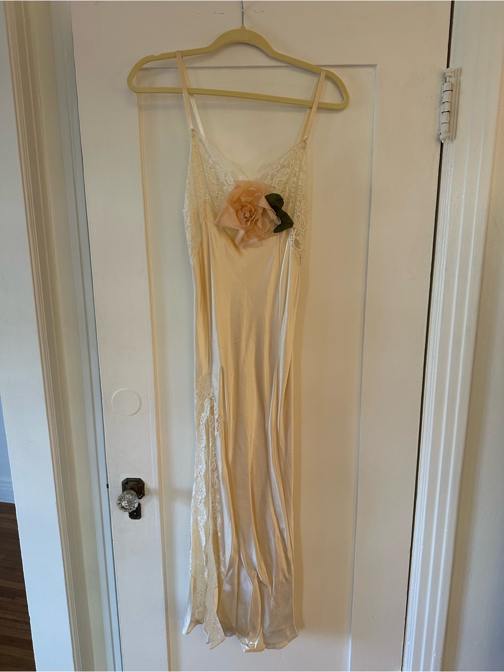 Rodarte cream satin slip dress with blush floral accent